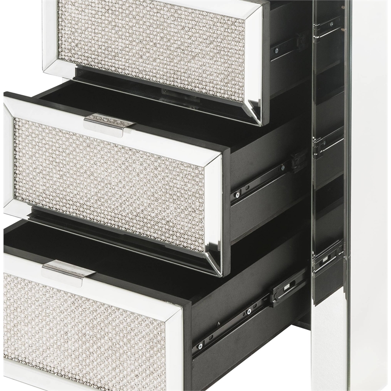 ACME Noralie Glass Nightstand with 3 Drawers in Mirrored and Faux Diamonds