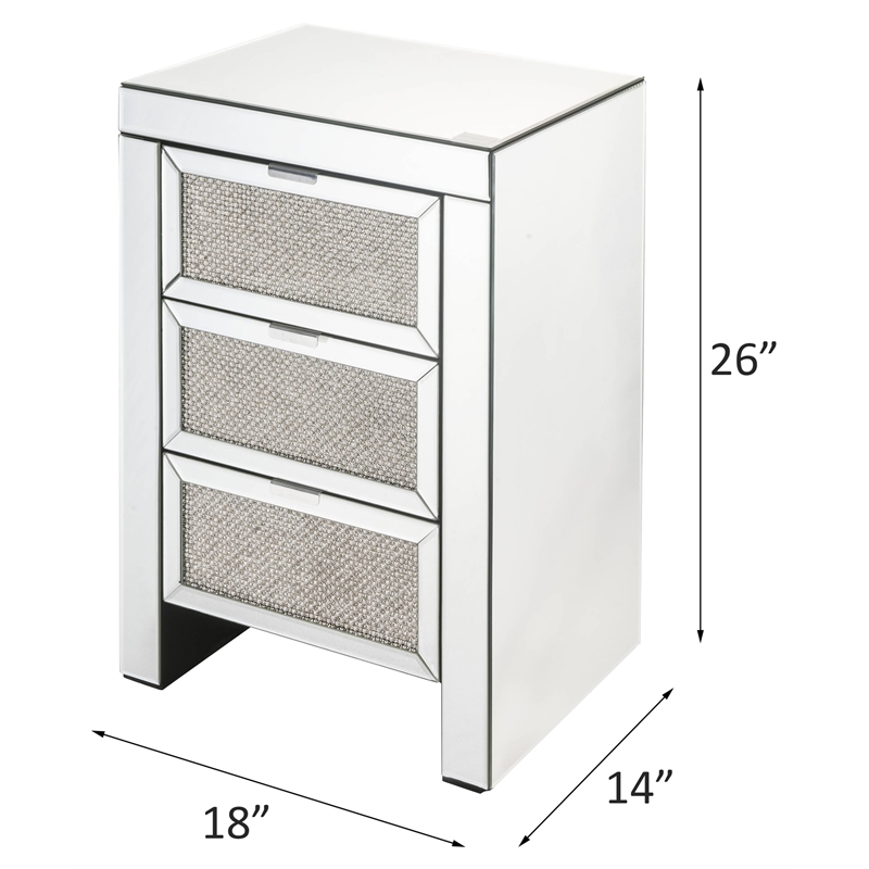 ACME Noralie Glass Nightstand with 3 Drawers in Mirrored and Faux Diamonds