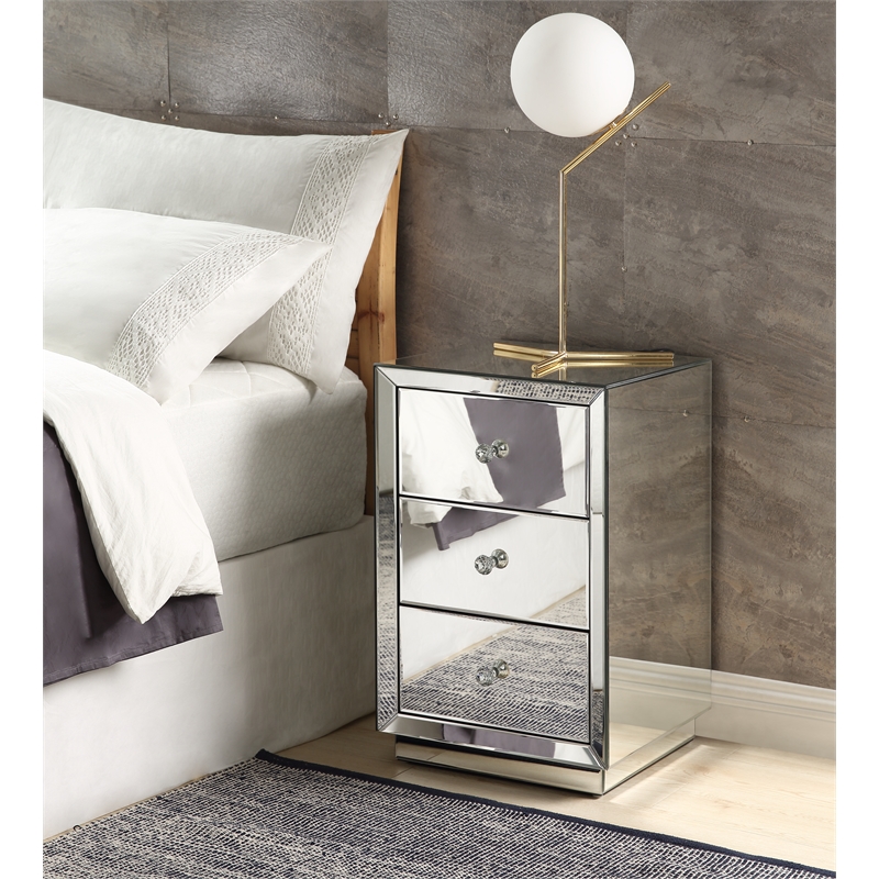 ACME Dominic Glass Nightstand with 3 Drawers and Knob Handle in Mirrored