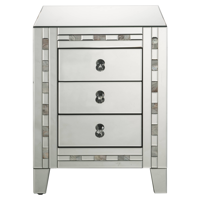 ACME Nasa Glass Nightstand with 3 Drawers in Mirrored and Mother Pearl