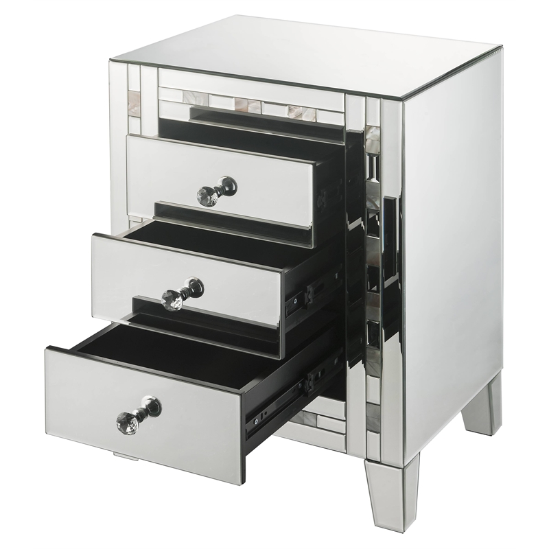 ACME Nasa Glass Nightstand with 3 Drawers in Mirrored and Mother Pearl
