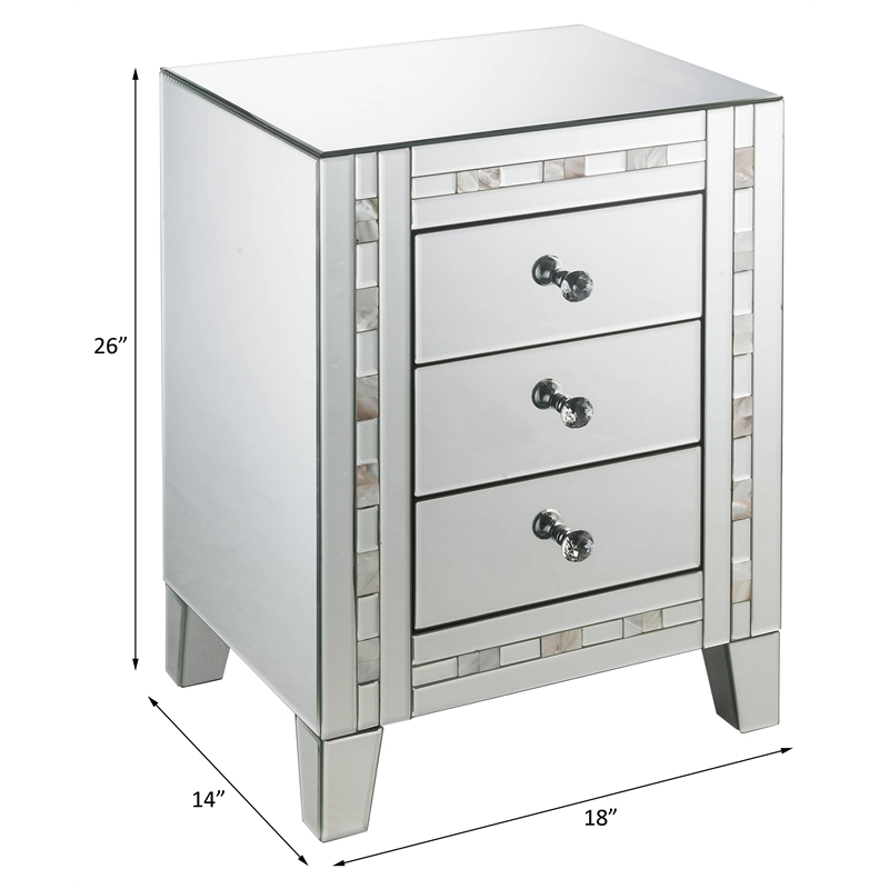 ACME Nasa Glass Nightstand with 3 Drawers in Mirrored and Mother Pearl