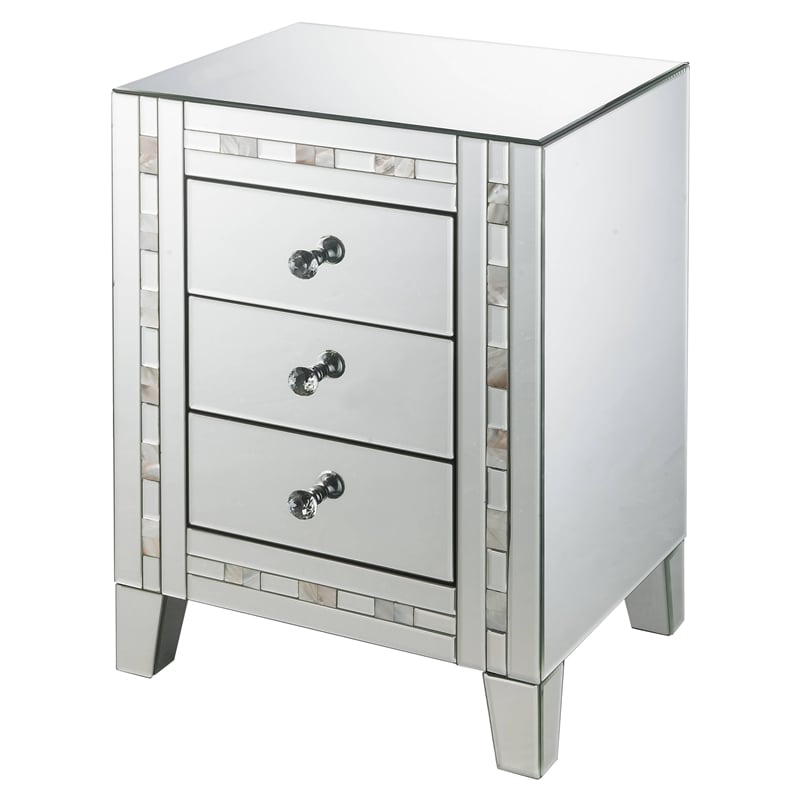 ACME Nasa Glass Nightstand with 3 Drawers in Mirrored and Mother Pearl