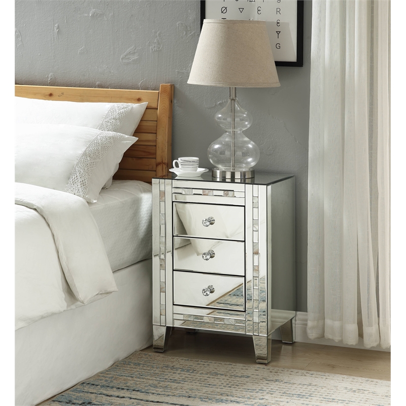 ACME Nasa Glass Nightstand with 3 Drawers in Mirrored and Mother Pearl