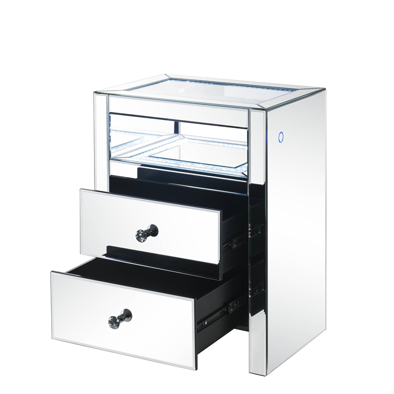 ACME Dominic Glass Rectangular 2-Drawer Nightstand with LED Light in Mirrored