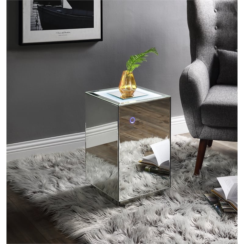 ACME Nowles Glass Top Accent Table with LED Light in Mirrored and Faux Stones