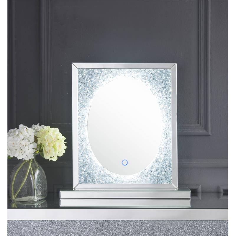 acme noralie glass accent decor mirror with led in mirrored and faux diamonds