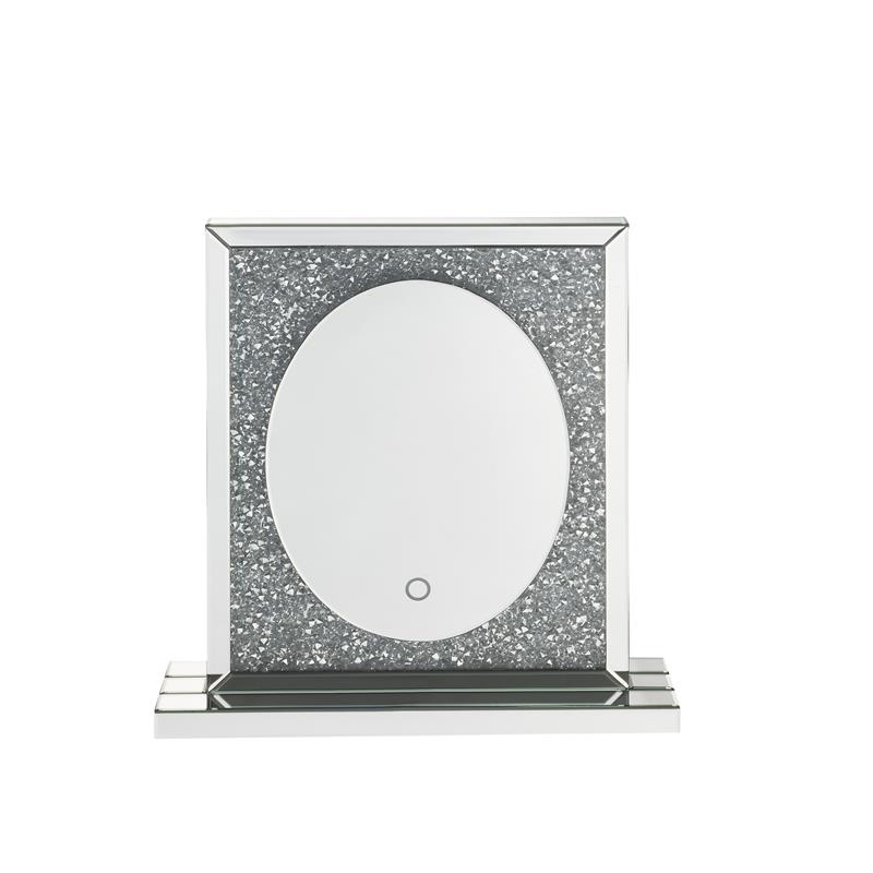 acme noralie glass accent decor mirror with led in mirrored and faux diamonds