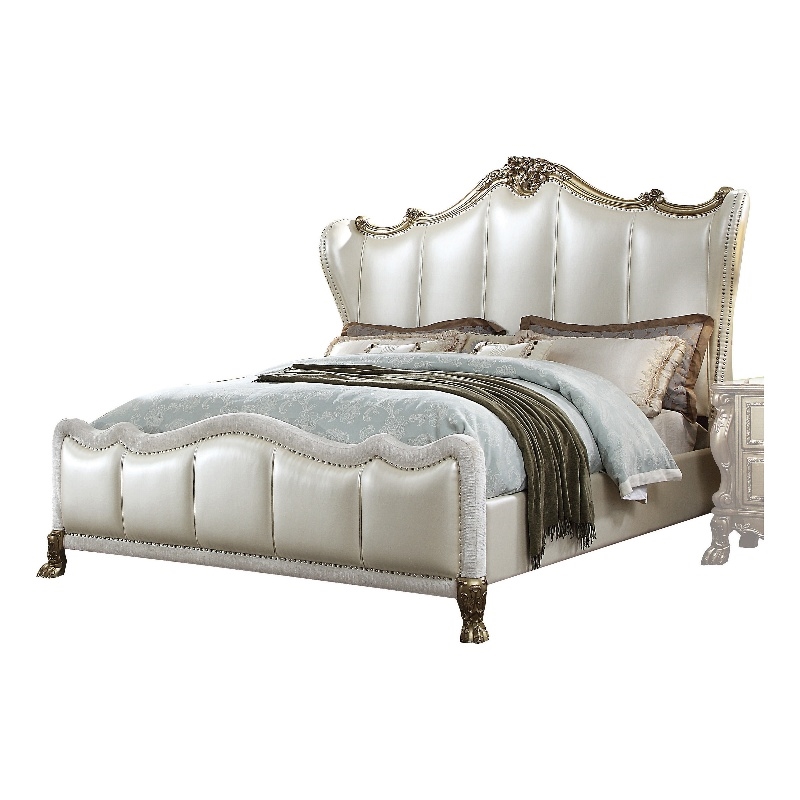 Acme Dresden II Faux Leather Eastern King Bed in Pearl White and Gold
