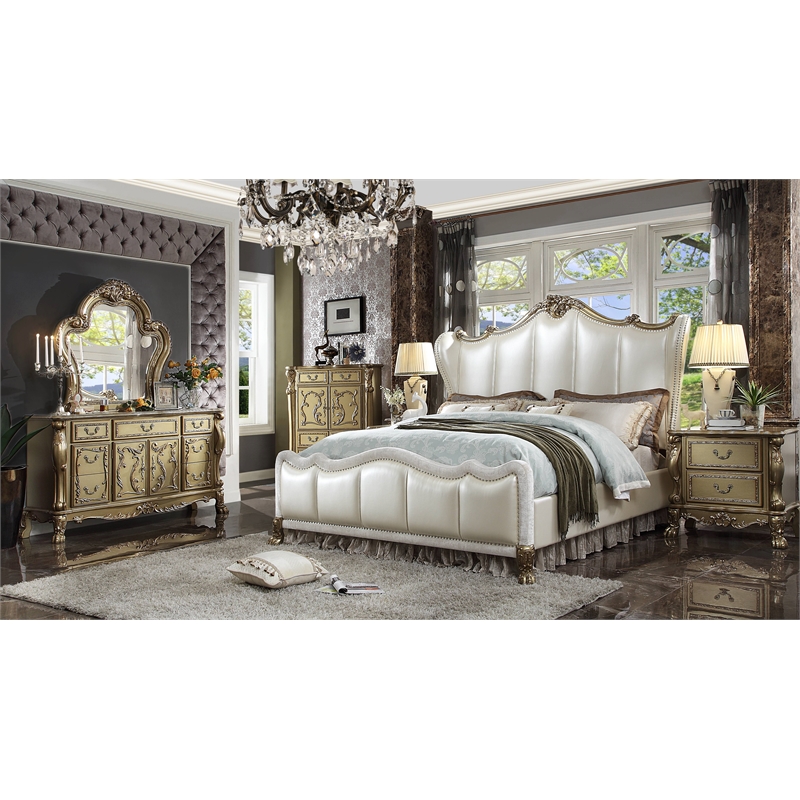 Acme Dresden II Faux Leather Eastern King Bed in Pearl White and Gold