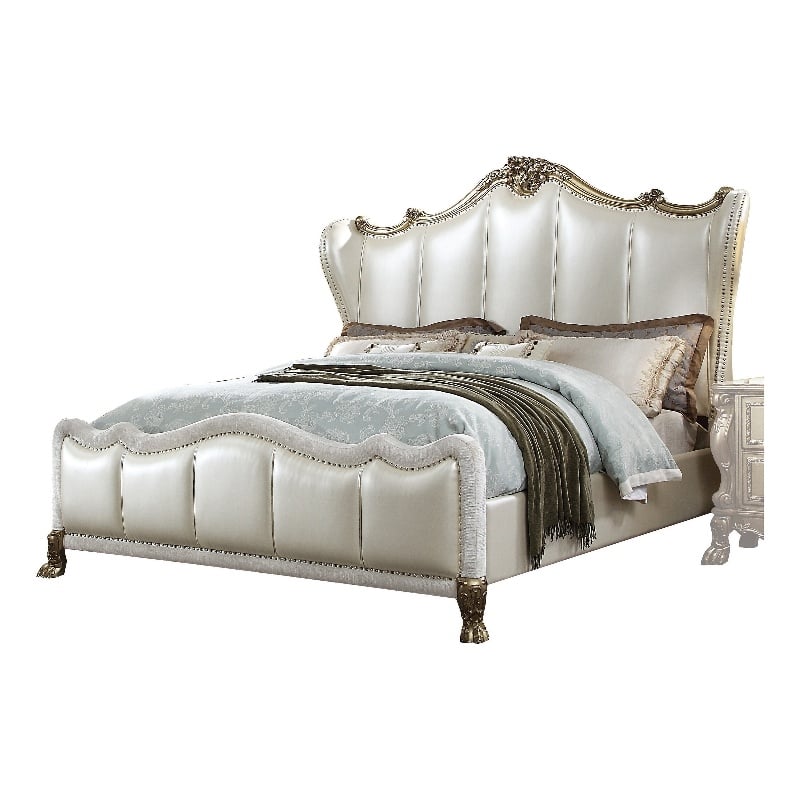 Acme Dresden II Faux Leather Upholstered Queen Bed in Gold and Pearl White