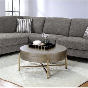 ACME Weyton 1-Drawer Round Wooden Top Coffee Table in Light Brown and Champagne