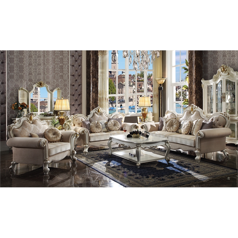 Acme Picardy Chair w/2 Pillows in Fabric & Antique Pearl