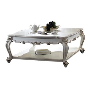 ACME Picardy Square Wooden Coffee Table with Bottom Shelf in Antique Pearl