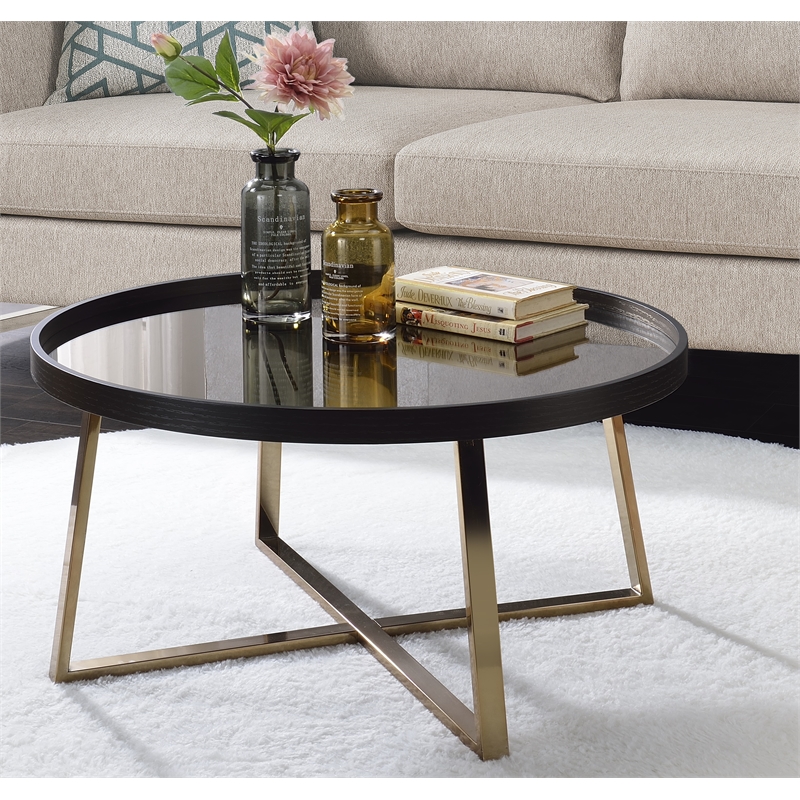 ACME Hepton Round Mirrored Top Coffee Table in Walnut and Mirrored