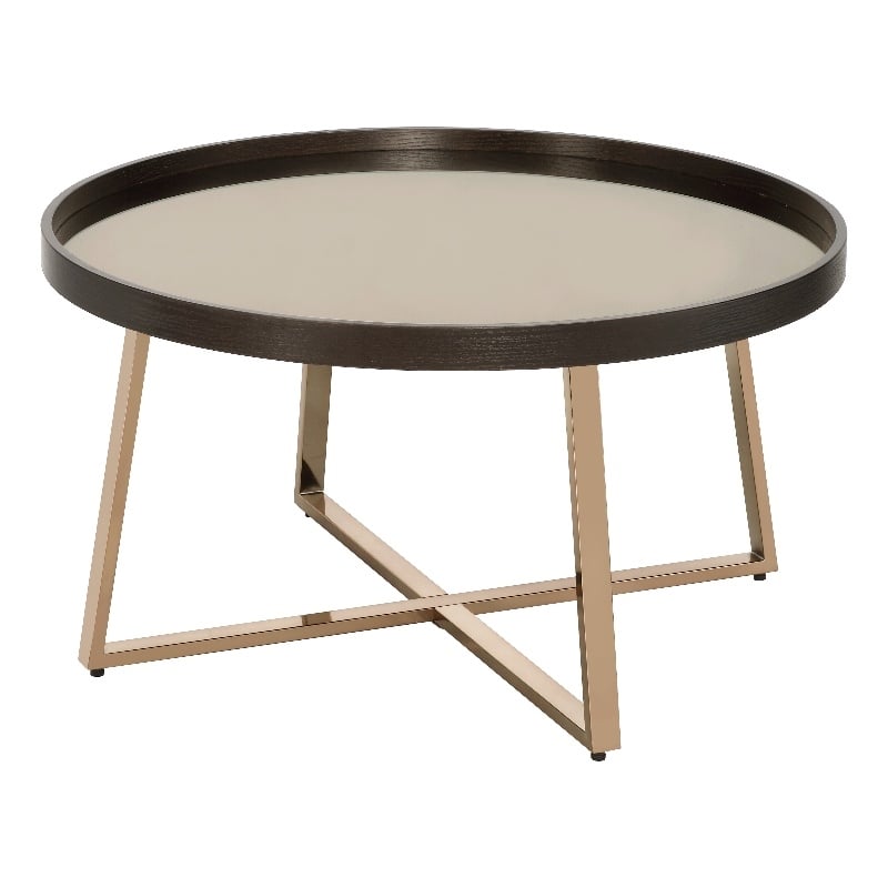 ACME Hepton Round Mirrored Top Coffee Table in Walnut and Mirrored