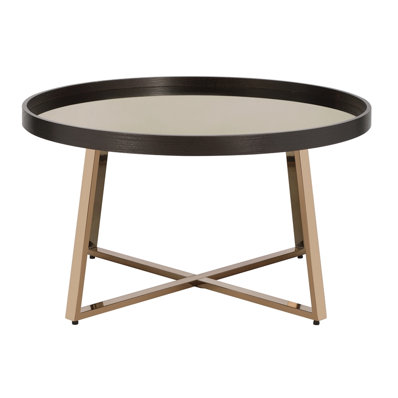 ACME Hepton Round Mirrored Top Coffee Table in Walnut and Mirrored