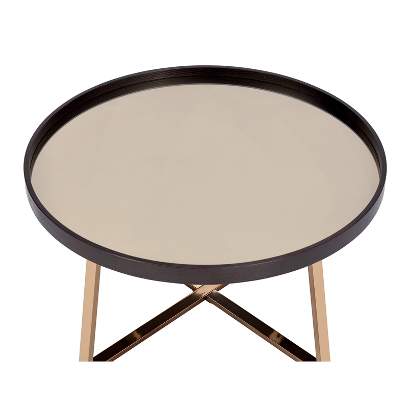 ACME Hepton Round Mirrored Top Coffee Table in Walnut and Mirrored