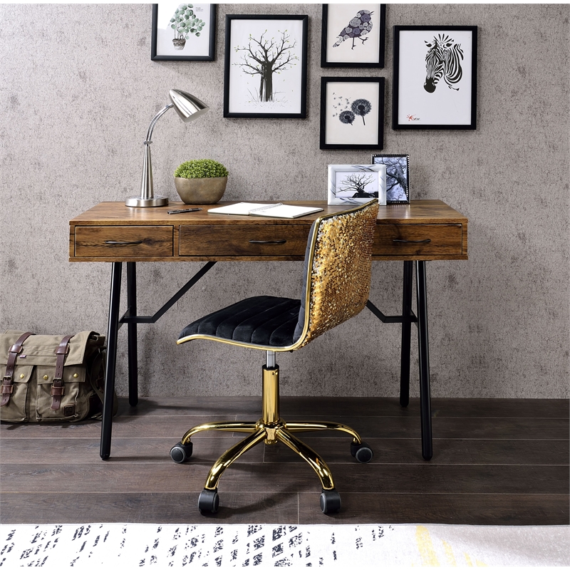 ACME Jalia Wooden Rectangular 3-Drawer Writing Desk in Rustic Oak and Black