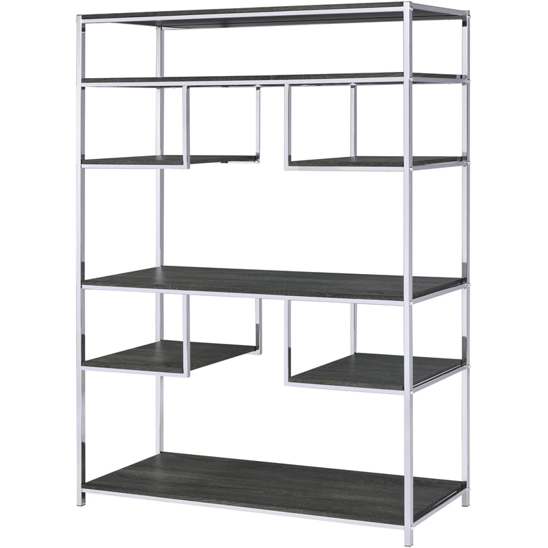 ACME Vonara Wooden Rectangular Bookshelf in Rustic Gray Oak and Chrome