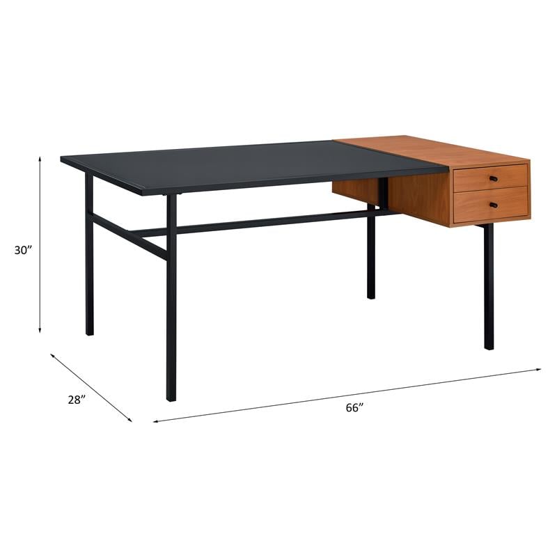 ACME Oaken Wooden 2-Drawer Writing Desk with Metal Legs in Honey Oak and Black