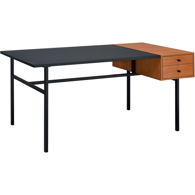 ACME Oaken Wooden 2-Drawer Writing Desk with Metal Legs in Honey Oak and Black