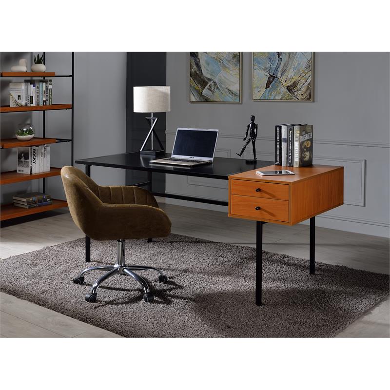 ACME Oaken Wooden 2-Drawer Writing Desk with Metal Legs in Honey Oak and Black
