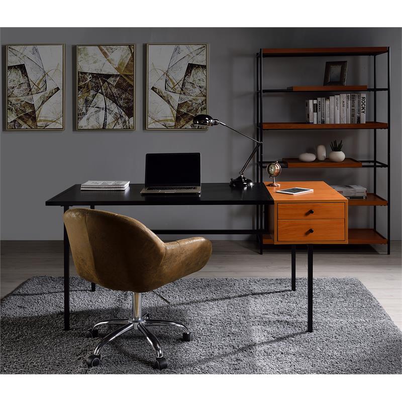 ACME Oaken Wooden 2-Drawer Writing Desk with Metal Legs in Honey Oak and Black