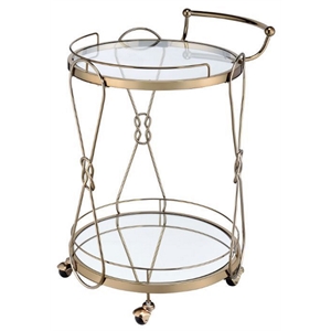 acme zekera metal frame/glass serving bar cart in clear and champagne