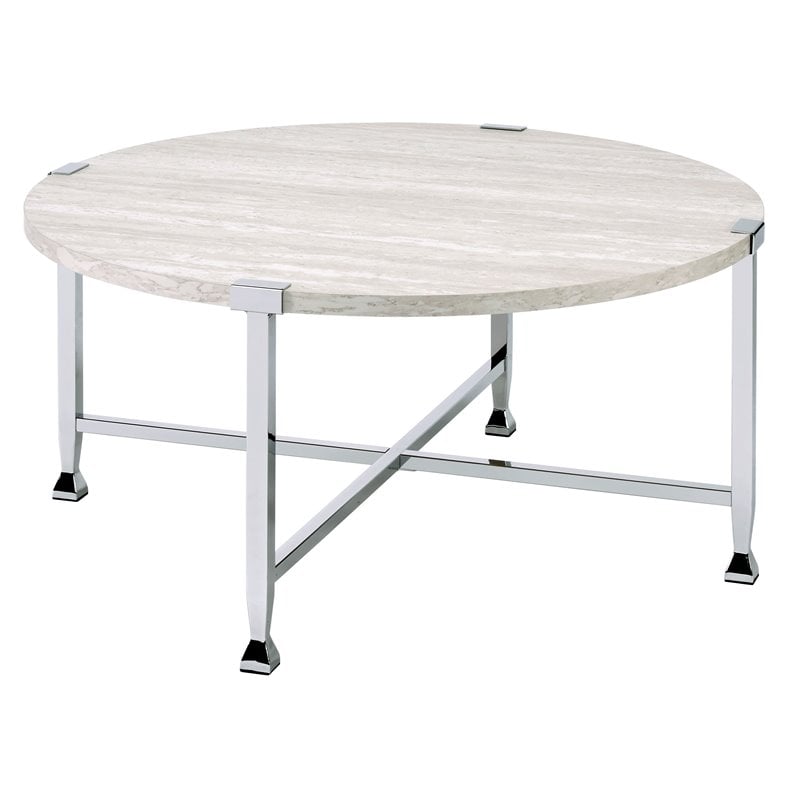 ACME Brecon Round Wooden Top Coffee Table in White Oak and Chrome