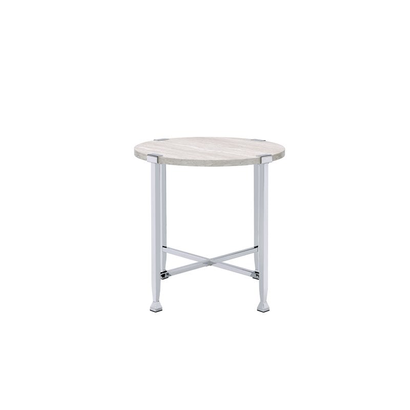 ACME Brecon Round Wooden Top End Table in White Oak and Chrome