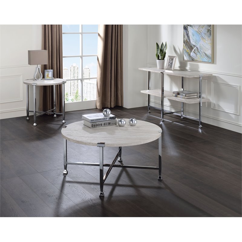 ACME Brecon Round Wooden Top End Table in White Oak and Chrome