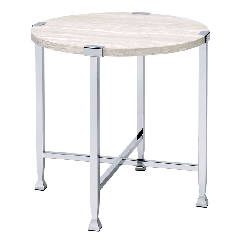 ACME Brecon Round Wooden Top End Table in White Oak and Chrome