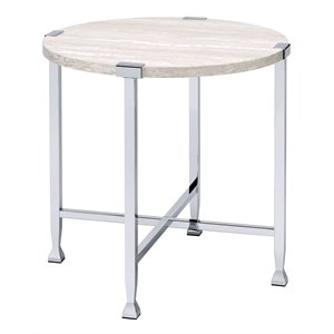 ACME Brecon Round Wooden Top End Table in White Oak and Chrome