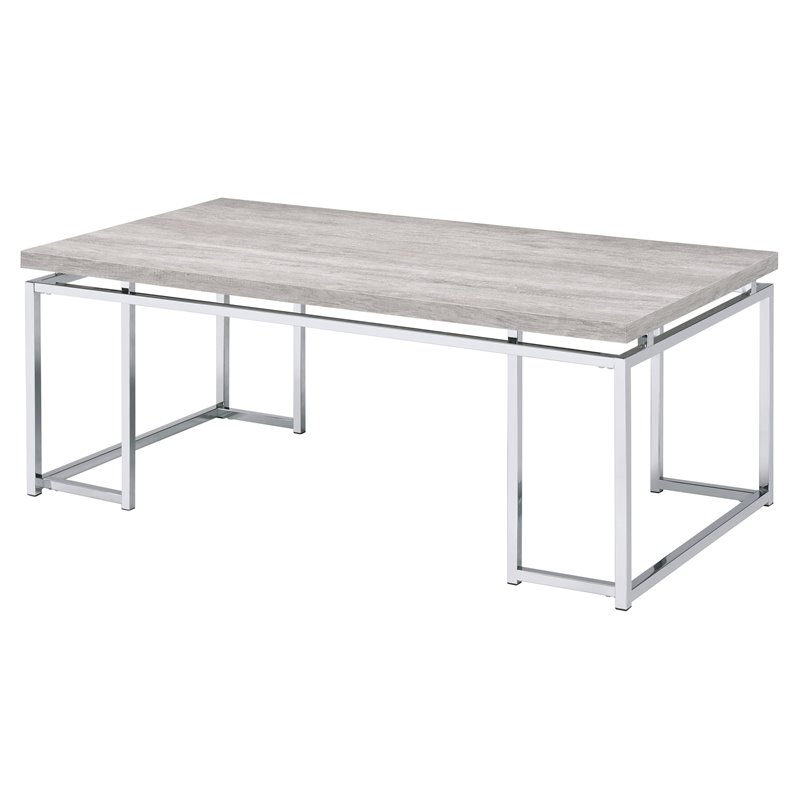 ACME Chafik Rectangular Wooden Coffee Table in Natural Oak and Chrome