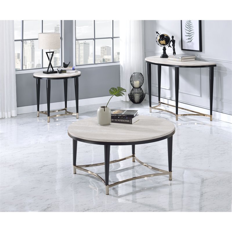 ACME Ayser Half Moon Wooden Top Sofa Table in White Washed and Black