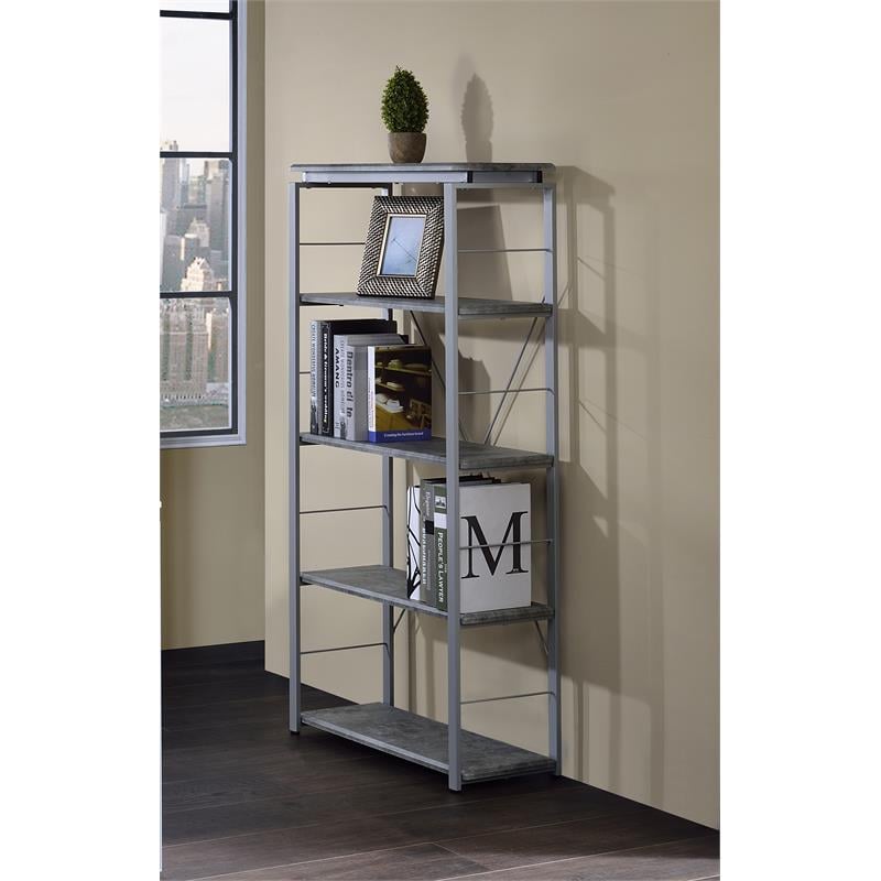 ACME Jurgen 5 Wooden Tiers Rectangular Bookshelf in Gray and Silver