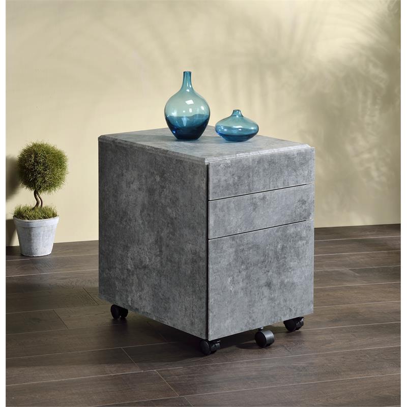 ACME Jurgen Wooden File Cabinet with 3 Drawers in Faux Concrete and Silver