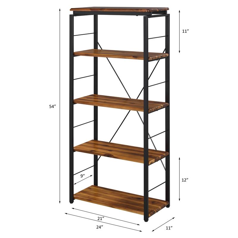 ACME Jurgen 5 Wooden Rectangular Bookshelf with Metal Frame in Oak and Black