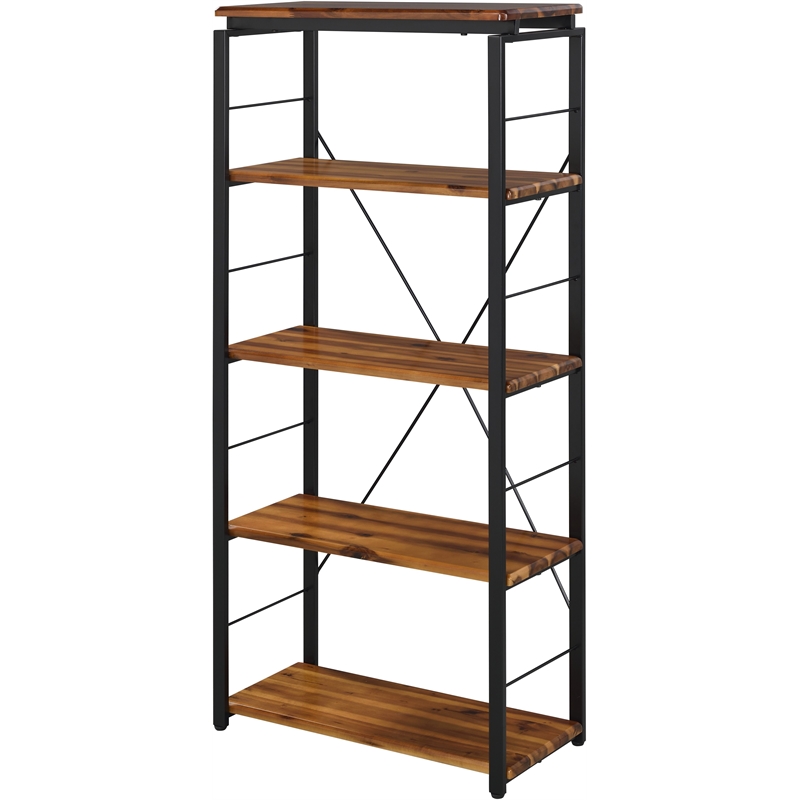ACME Jurgen 5 Wooden Rectangular Bookshelf with Metal Frame in Oak and Black