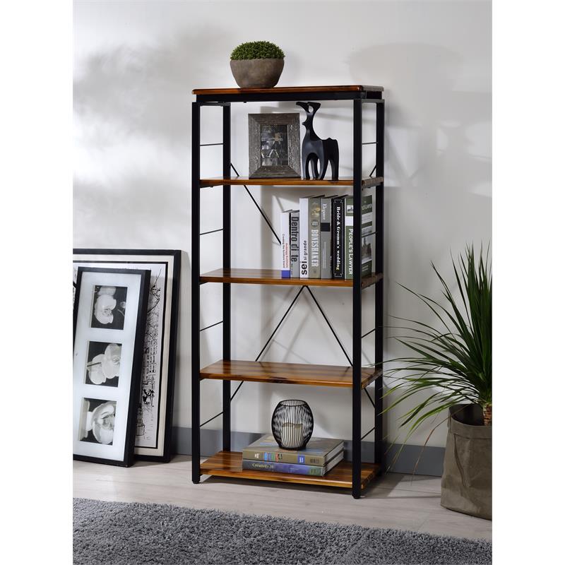 ACME Jurgen 5 Wooden Rectangular Bookshelf with Metal Frame in Oak and Black