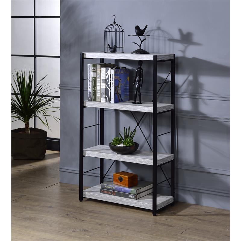 ACME Jurgen 4 Wooden Shelves Rectangular Bookshelf in Antique White and Black