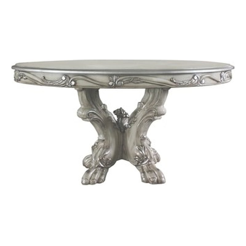 ACME Dresden Round Wooden Pedestal Extendable Dining Table in Vintage Bone White