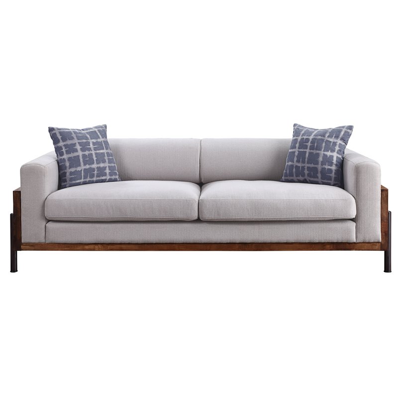 acme pelton fabric loose back sofa with pillows in walnut