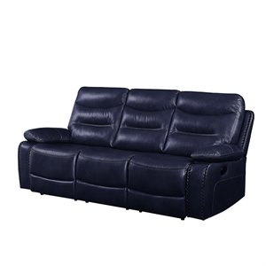 ACME Aashi Leather-Gel Horizontal Tufted Motion Reclining Sofa in Navy