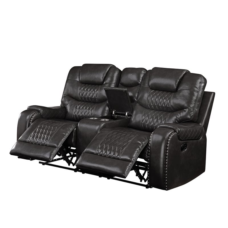ACME Braylon Faux Leather Reclining Loveseat with Console in Magnetite Black