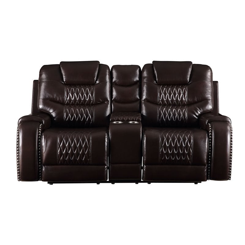 ACME Braylon Faux Leather Tufted Reclining Loveseat with Console in Brown