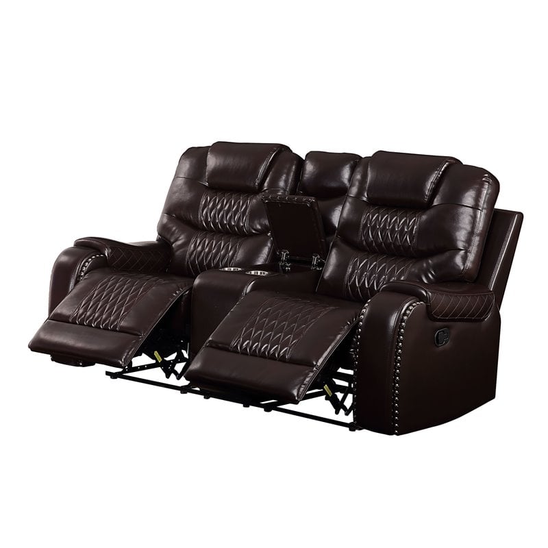 ACME Braylon Faux Leather Tufted Reclining Loveseat with Console in Brown