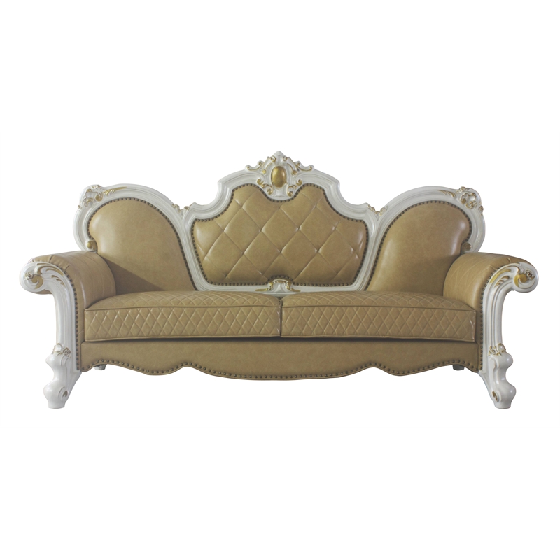ACME Picardy Faux Leather Sofa with Pillows in Antique Pearl and Butterscotch