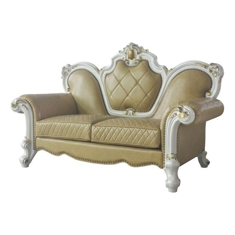 ACME Picardy Faux Leather Loveseat with Pillows in Pearl and Butterscotch